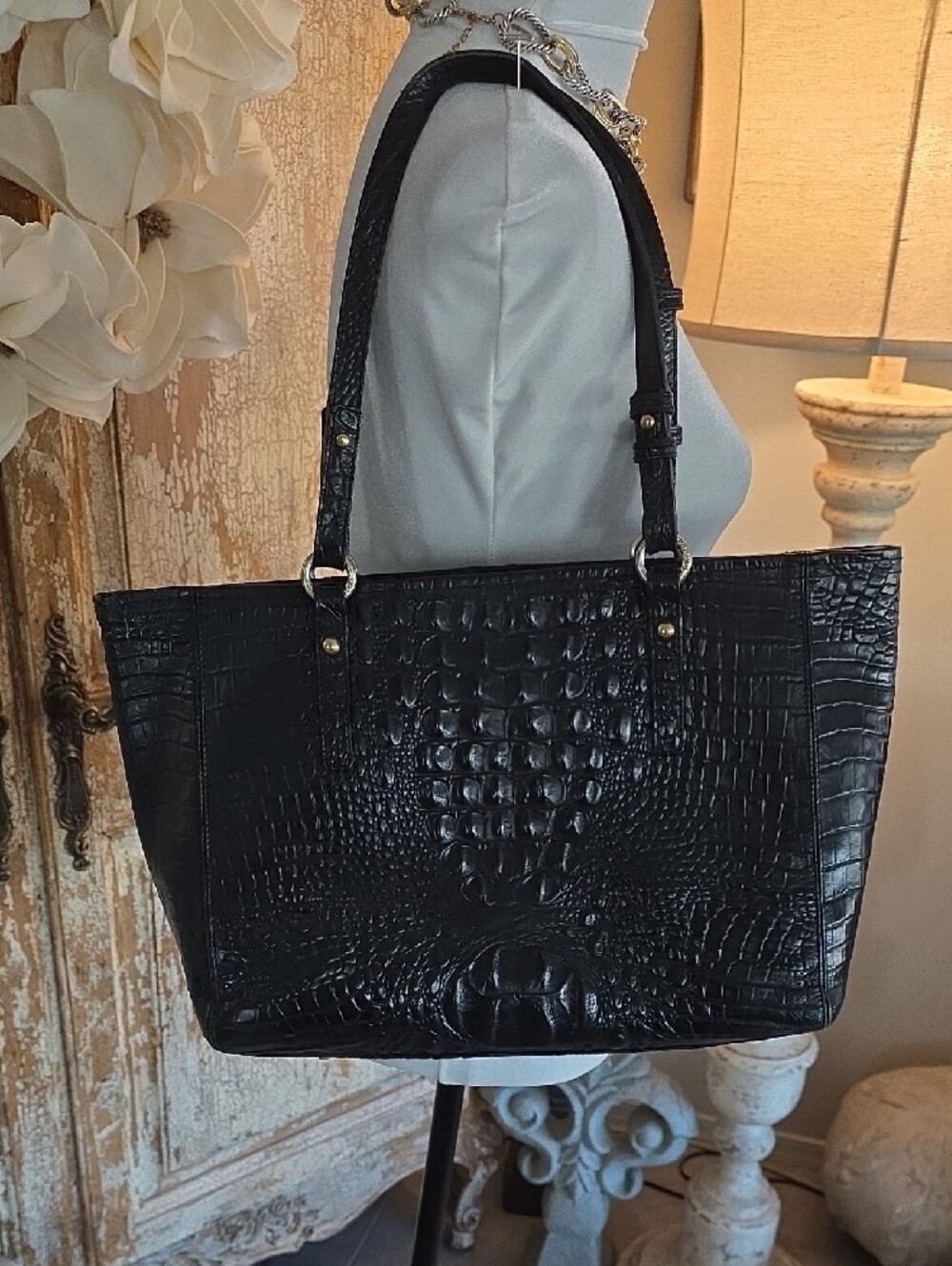 Brahmin Black Croc-Embossed Tote with Gold Accent - Picture 5 of 14